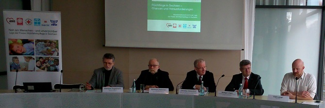 Pressekonferenz zum Wohlfahrtsbericht 2015 in Dresden, Petersen, AWO, Schönfeld, Diakonie, Unger, DRK