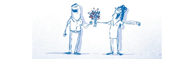 Cartoon: Eine Frau überreicht in übertriebener Willkommensgestik einen Blumenstrauß an einen Herren. (Ehrenamtliche Vorstände und Aufsichtsräte gewinnen und halten Paritätischer Sachsen)
