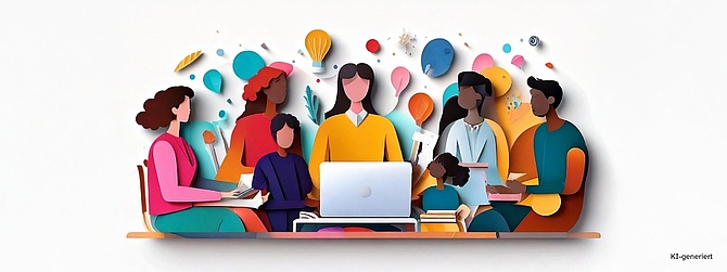 Mehrfarbige Illustration von Erwachsenen und Kindern, die auf Stühlen sitzen. 