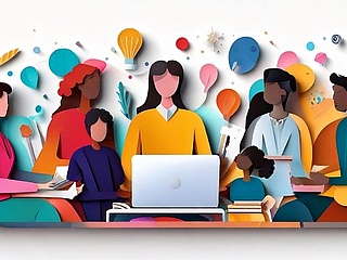 Mehrfarbige Illustration von Erwachsenen und Kindern, die auf Stühlen sitzen. 