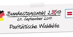 Auf einem Zettel der mit Klebestreifen auf einen weißen Hintergrund geheftet ist, steht: Bundestagswahl 2017 - 24. September 2017 - Paritätische Wahlhilfe