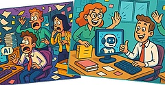 Zwei Illustrationen, links vier Menschen mit entsetzen Gesichtern um einen Schreibtisch mit Computer mit KI. Im Raum herrscht Chaos. Zettel fliegen umher. Rechts: Drei glückliche Menschen um einen Schreibtisch mit Computer und KI. Es herrscht Ordnung im Büro.