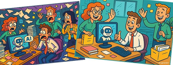 Zwei Illustrationen, links vier Menschen mit entsetzen Gesichtern um einen Schreibtisch mit Computer mit KI. Im Raum herrscht Chaos. Zettel fliegen umher. Rechts: Drei glückliche Menschen um einen Schreibtisch mit Computer und KI. Es herrscht Ordnung im Büro.