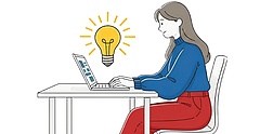 Schlichte Illustration einer Frau in blauen Pullover und roter Hose, die auf einem Stuhl am Tisch sitzt. Vor ihr ein aufgeklappter Laptop, über dem eine Glühbirne schwebt.