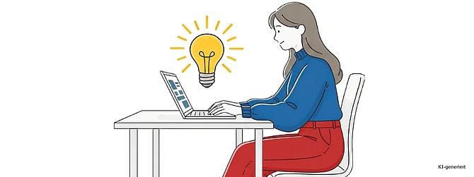 Schlichte Illustration einer Frau in blauen Pullover und roter Hose, die auf einem Stuhl am Tisch sitzt. Vor ihr ein aufgeklappter Laptop, über dem eine Glühbirne schwebt.