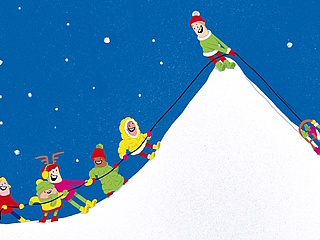 Comicbild: Mehrere verschiedene Figuren ziehen gemeinsam einen mit weiteren Figuren besetzten Schlitten einen Berg hinauf.