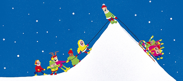 Comicbild: Mehrere verschiedene Figuren ziehen gemeinsam einen mit weiteren Figuren besetzten Schlitten einen Berg hinauf.