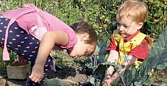 Kinder spielen in einem grünen Garten und entdecken die Natur. Kindertagespflege in Sachsen