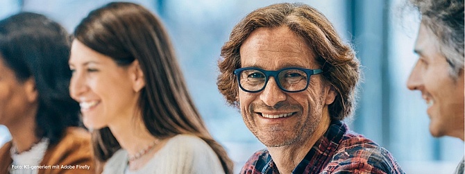 Ein Mann schaut lächelnd in Richtung Betrachter. Links und rechts neben ihm sitzen weitere Menschen. 