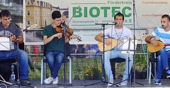 Vier Männer spielen verschiedene Saitenintrumente auf dem Sommerfest des Förderkreis Biotec e.V. in Freital.