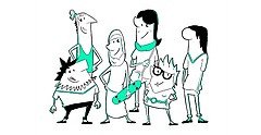 Sechs unterschiedliche gezeichnete Charaktere stehen nebeneinander und fordern auf, einen Freiwilligendienst zu beginnen. Paritätische Freiwilligendienste Sachsen FSJ FÖJ BFD