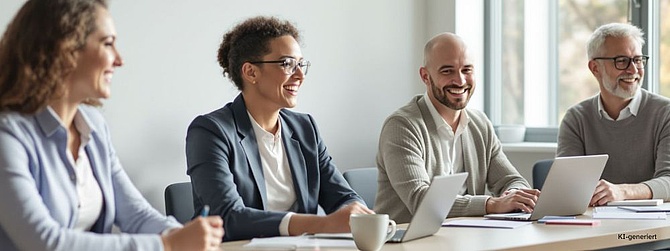 Vier Menschen sitzen lächelnd an einem Tisch in einem Seminarraum. Auf dem Tisch befinden sich Laptops, Unterlagen und eine Kaffeetasse. 