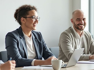 Vier Menschen sitzen lächelnd an einem Tisch in einem Seminarraum. Auf dem Tisch befinden sich Laptops, Unterlagen und eine Kaffeetasse. 
