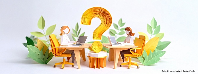 Mehrfarbige Grafik im Schichtpapierstil: Zwei Frauen an Schreibtischen dazwischen ein großes Fragezeichen, alles umrahmt von Pflanzenblätter.