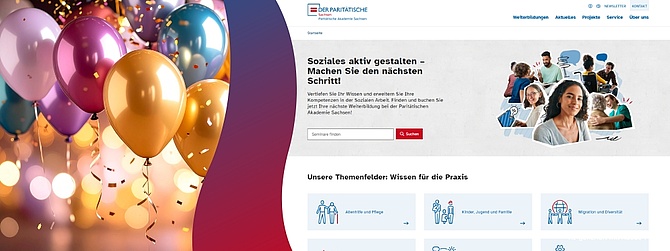 Collage aus Luftballons links und Screenshot der Webseite www.parisax-akademie.de rechts daneben.